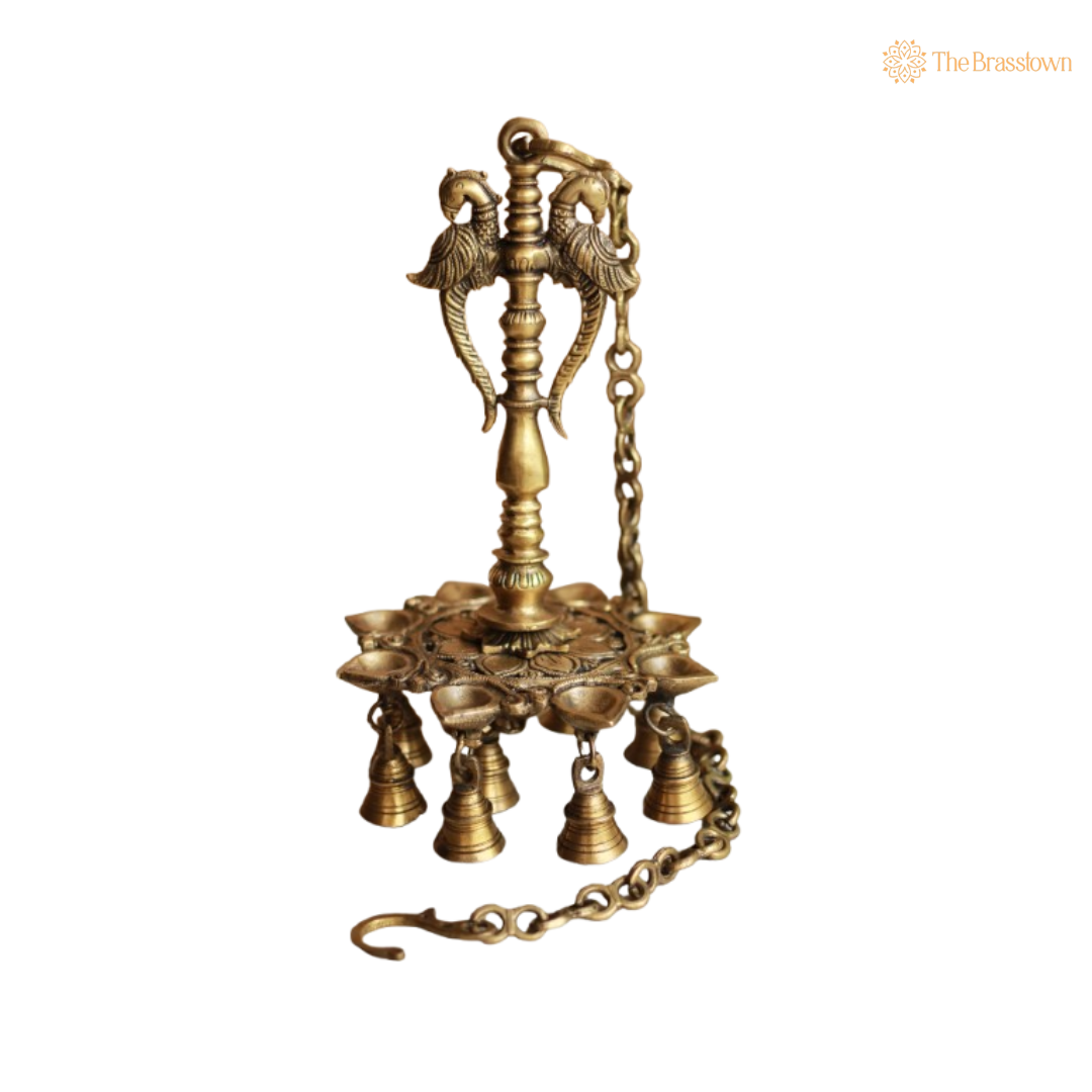 Twin Parrot Hanging Brass Diya with Bells 12 Inch