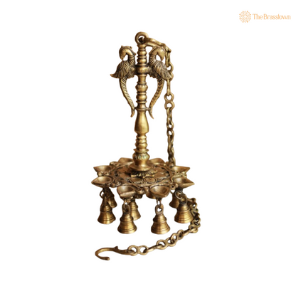 Twin Parrot Hanging Brass Diya with Bells 12 Inch