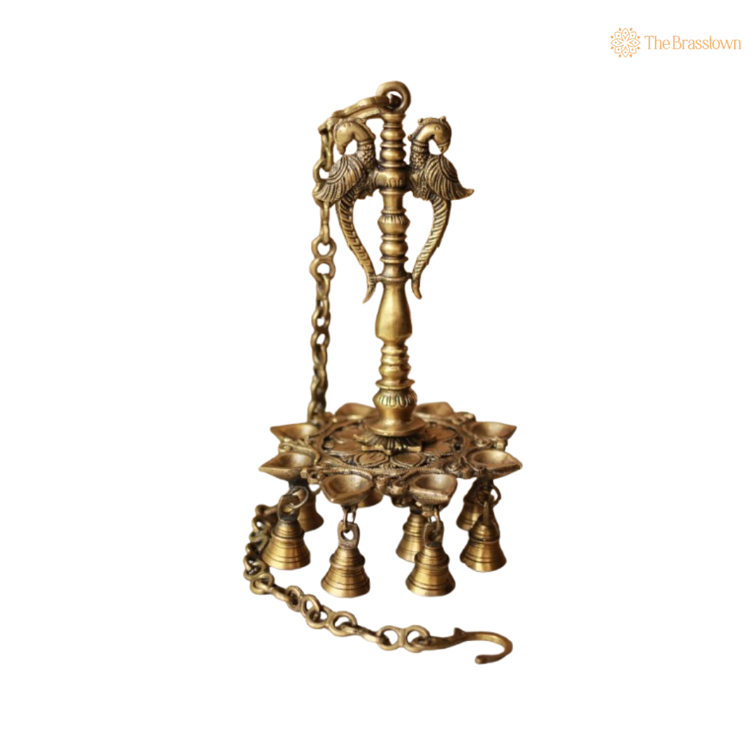 Twin Parrot Hanging Brass Diya with Bells 12 Inch