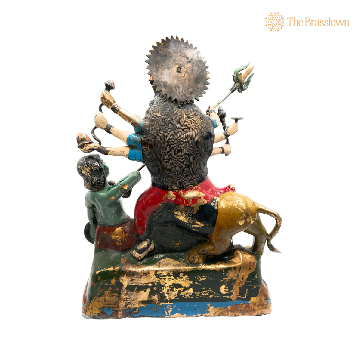 Brass Mahishasura Mardini Idol – Handcrafted Simhavahini Durga Devi Murti for Home Temple, Navratri Puja &amp; Décor 21.5 Inch 4