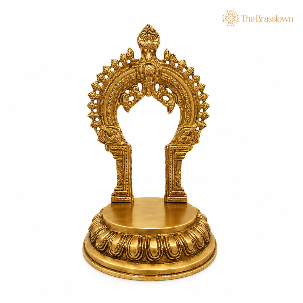 Brass Peeta With Prabhavali Idol – Pital Prabhai Peetha, Hindu Temple Murti Base, Handmade Peetal Prabhavali Chowki 8 Inch 2