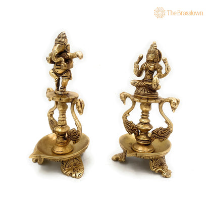 Brass Ganesh Lakshmi Diya – Handcrafted Pooja Ganesha Laxmi Lamp, Deep, Deepam, Lamps For Home Temple Décor Set Of 2 6.5 Inch 3