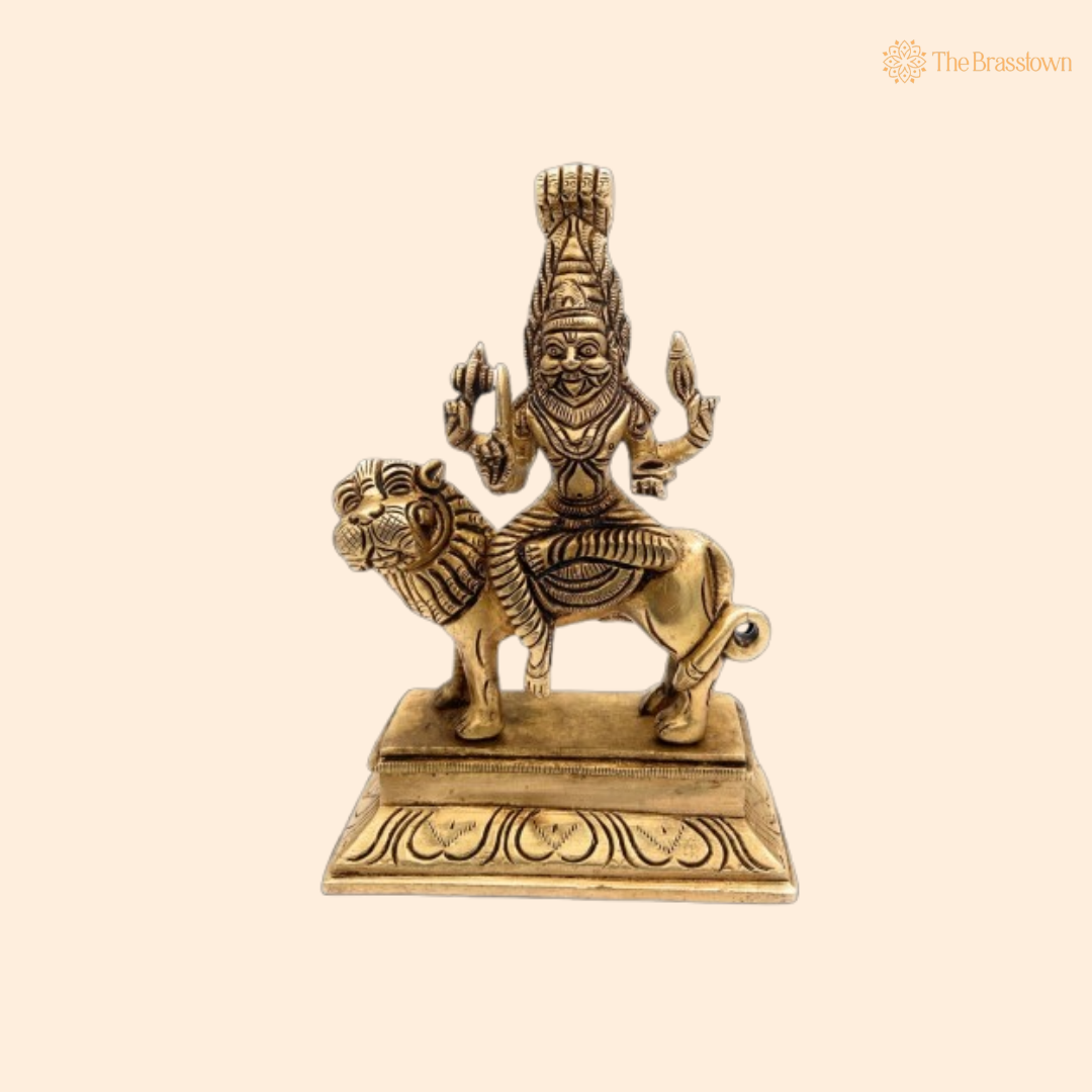 Brass Lord Narasimha with Goddess Lakshmi Statue 5 Inch