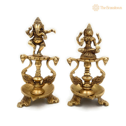 Brass Ganesh Lakshmi Diya – Handcrafted Pooja Ganesha Laxmi Lamp, Deep, Deepam, Lamps For Home Temple Décor Set Of 2 6.5 Inch 4