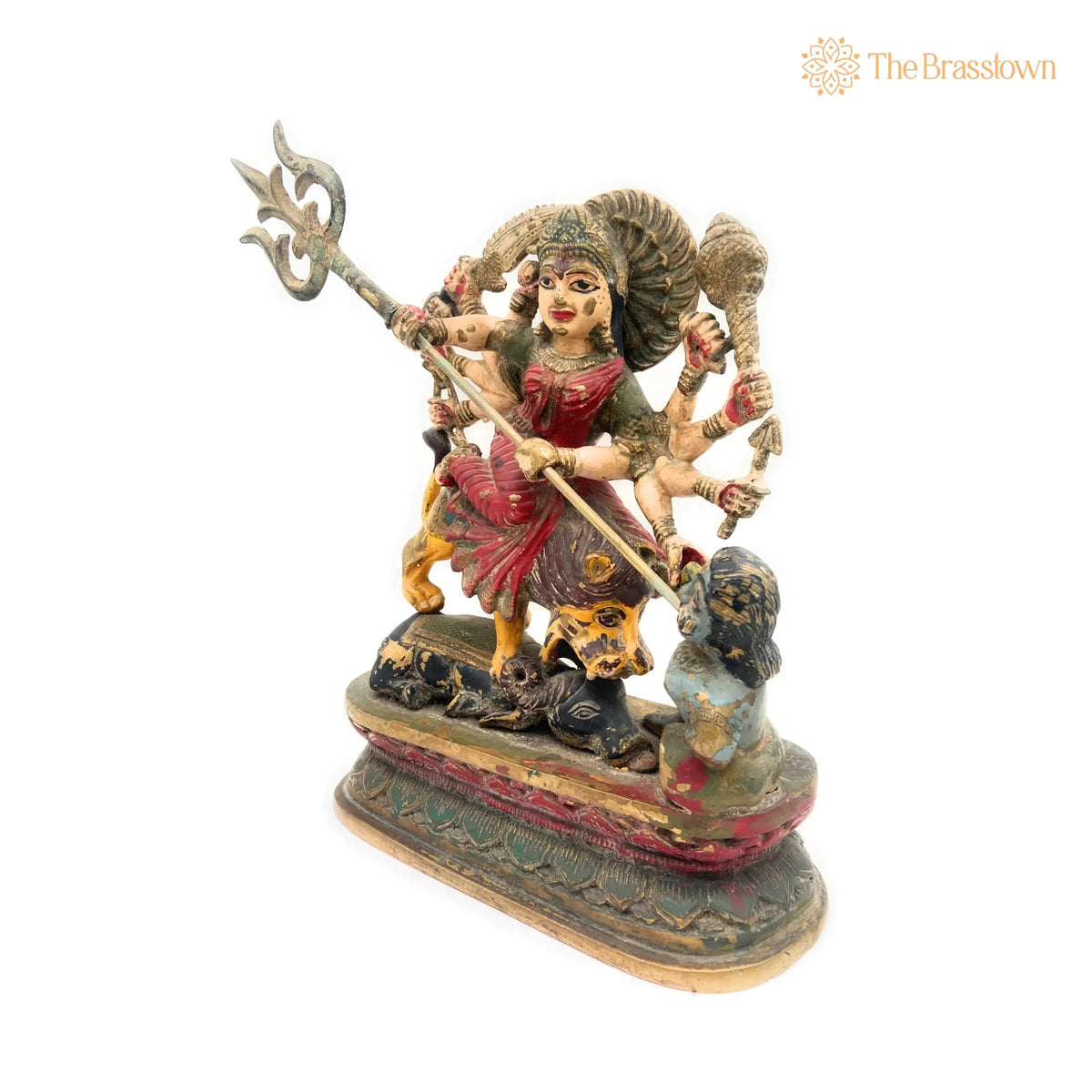 Handcrafted Brass Durga Devi Idol – Mahishasura Mardini, Shakti Simhavahini Maa Amba Statue, Antique Finish Pital Murti for Pooja 14 Inch 4