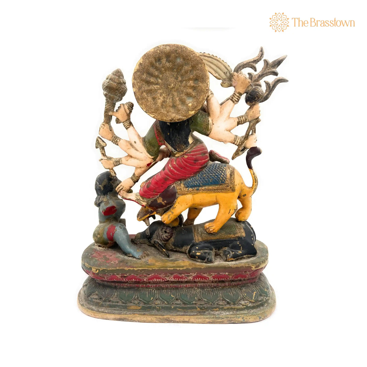 Handcrafted Brass Durga Devi Idol – Mahishasura Mardini, Shakti Simhavahini Maa Amba Statue, Antique Finish Pital Murti for Pooja 14 Inch 5