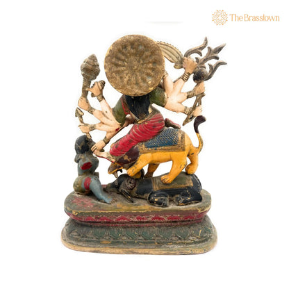 Handcrafted Brass Durga Devi Idol – Mahishasura Mardini, Shakti Simhavahini Maa Amba Statue, Antique Finish Pital Murti for Pooja 14 Inch 5