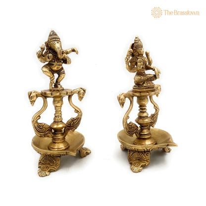 Brass Ganesh Lakshmi Diya – Handcrafted Pooja Ganesha Laxmi Lamp, Deep, Deepam, Lamps For Home Temple Décor Set Of 2 6.5 Inch 5